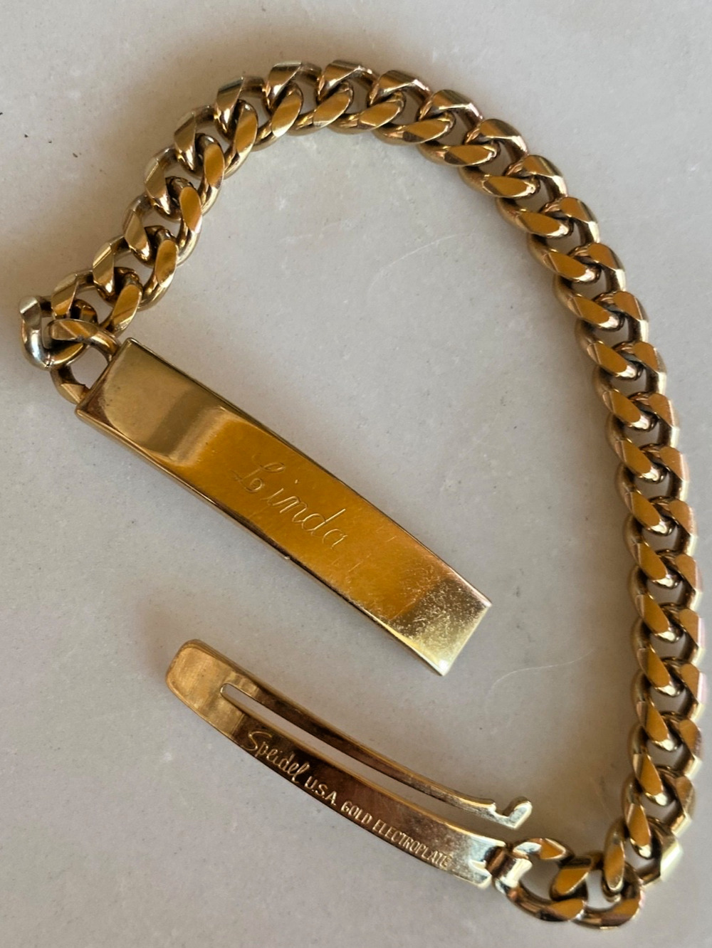 Vintage Retro 50s SPEIDEL ID Bracelet "Linda" Engraved Gold Plated Cuban Link